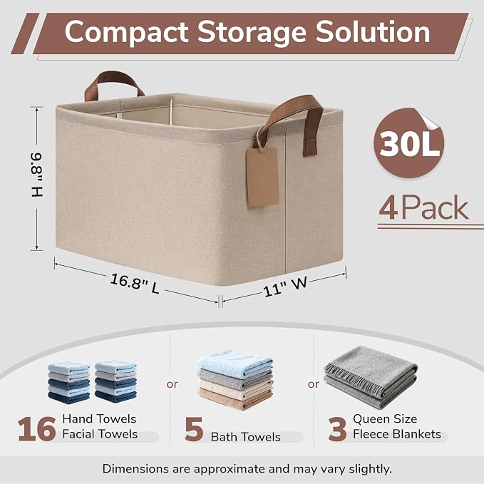 CHICVITA 4 Pack Large Storage Baskets for Shelves, Collapsible Towels Organizer Bins with Metal Frame, Closet Organizers and Storage Basket for Toys, Blankets, 16.8" x 11" x 9.8", Brown