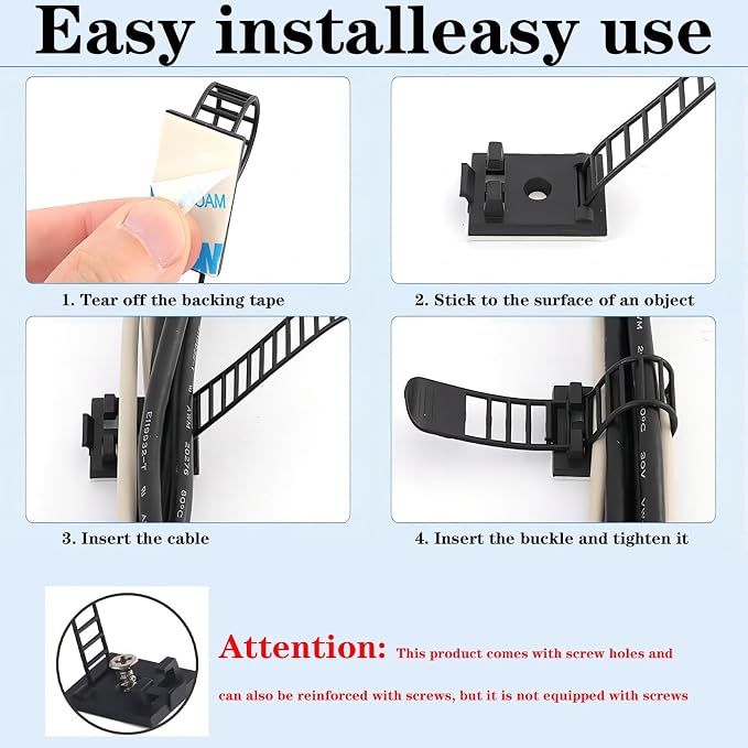 Adjustable Adhesive Cable Management Clips 100Pcs, Large self Adhesive Cable Ties Clips ，Suitable for Cable Management Under desks and on Walls (White)