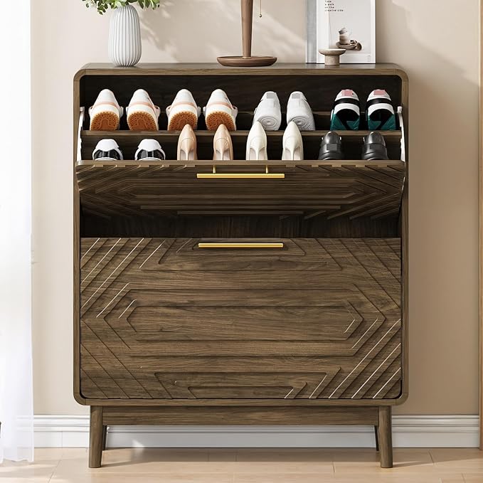 Shoe Cabinet with Fluted Flip Drawers, 31.5" w Narrow Shoe Storage Cabinet for Entryway, Hidden Freestanding Shoe Organizer Rack Cabinet