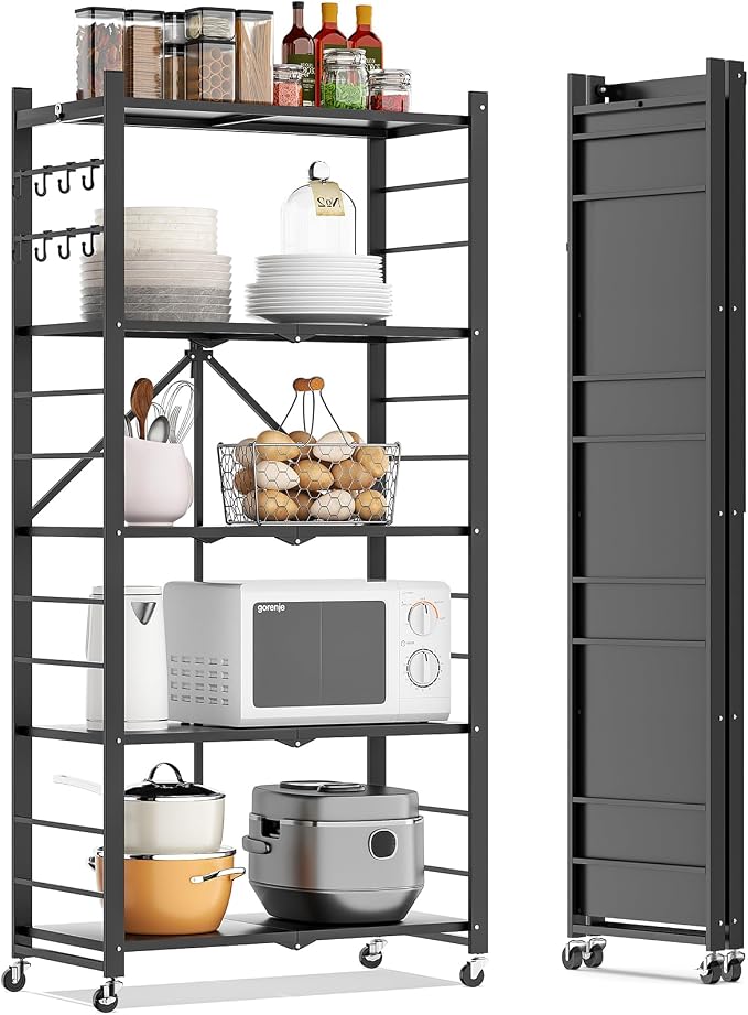 Fenbeli 5 Tier Folding Storage Shelf with Wheels – Heavy Duty Metal Organizer Rack, No Assembly Collapsible Utility Shelving Unit for Garage, Kitchen, Pantry, Basement, Office (Black-B, 5 Tier)
