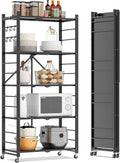 Fenbeli 5 Tier Folding Storage Shelf with Wheels – Heavy Duty Metal Organizer Rack, No Assembly Collapsible Utility Shelving Unit for Garage, Kitchen, Pantry, Basement, Office (Black-B, 5 Tier)