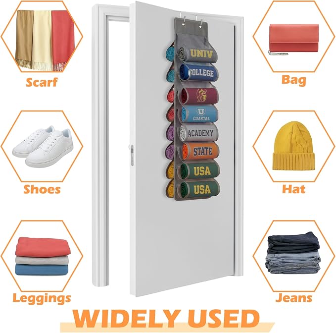 Over The Door Hoodie Organizer, Double Sided Holds 16 T-Shirts, White Hanging Storage with 2 Hooks and Rope for Door Closet Cabinet Use, Ideal for Dorm Rooms Bedroom (Gray)