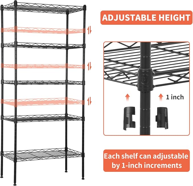 Wire Shelves 5-Tier Metal Storage Shelves 11.6" D x 21.5" W x 47.6" H Adjustable Wire Rack Shelf NSF Shelving Unit for Kitchen Storage Pantry Laundry, 750LB Capacity, Black