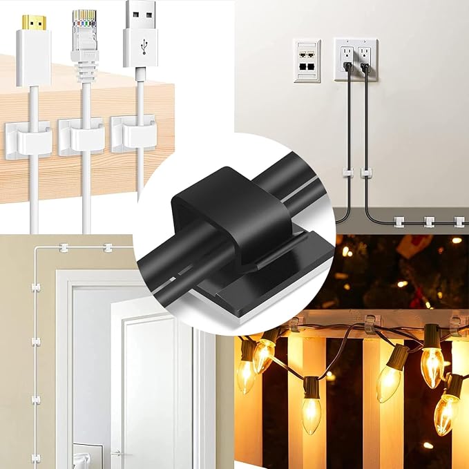 Adhesive Cable Management Wire Clips(Black 100 Pcs),Wires Clips Holders for Cords on wall,Outdoor Cable Clips,Suitable for Under Tables, Cars, Walls, televisions, Christmas Lights