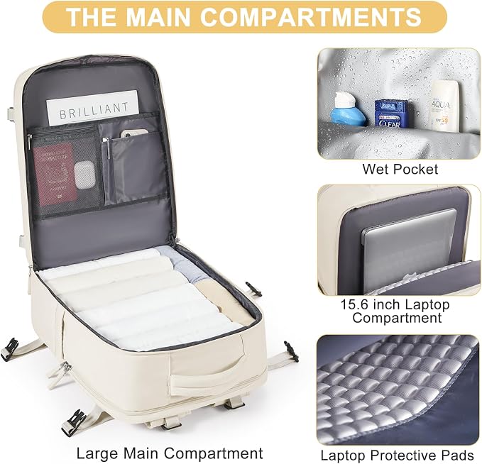coofay Large Travel Backpack Carry on Flight Approved Mochila De Viaje Personal Item Backpack for Airlines Frontier Airlines Personal Item Bag Large Backpack for Travel Backpacks for Men Women Beige