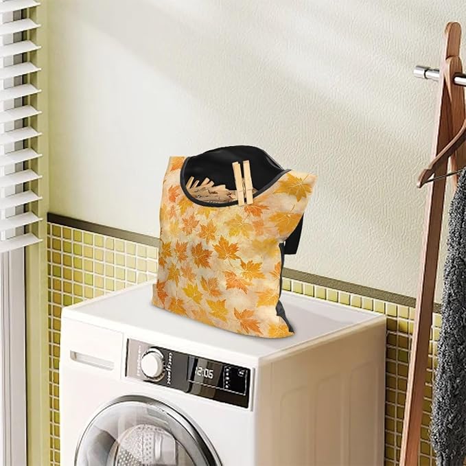 Yellow Maple Leaf Clothespin Storage Hanger Bags Hydrangea Laundry Clothespins Bag, Clothespin Bag with a Large Opening, Hanging Storage Organizer with Hanging Rope for Home Outdoor