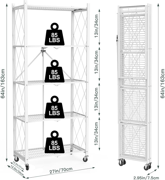 5 Tier Foldable Storage Shelves with Wheels -No Assembly Metal Folding Shelves Collapsible Shelving Unit Display Heavy Duty Rolling Shelf for Home Kitchen Office Room (White, 64" x 13" x 27")