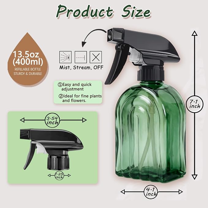 Green Glass Spray Bottle, Refillable Indoor Plant Mister,13.5oz Water Spray Bottle with Adjustable Nozzle,Plant Mister Spray Bottles for Indoor Plants, Cleaning, Hair Care, Pets Care(2pcs)