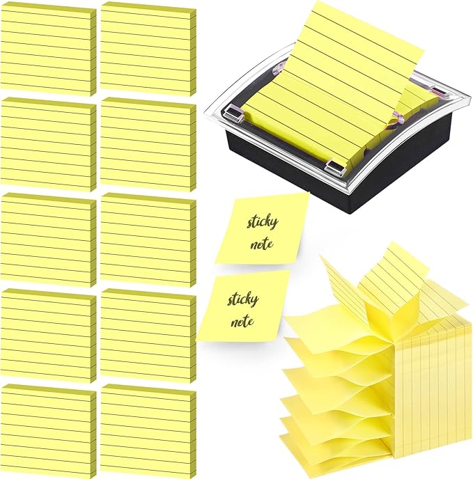Thenshop 10 Pads Pop up Sticky Notes with 1 Pack Pop up Note Dispenser Note Holder Black Base Clear Top Self Stick Memo Ruled Adhesive Notes 3x3 Ruled Memo Pads Refills 100 Sheet/pad