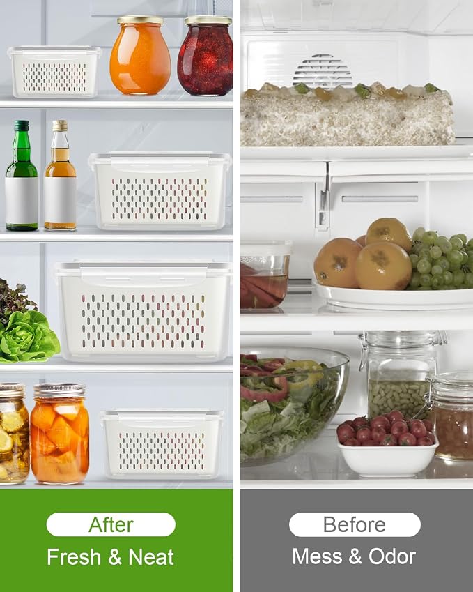 4 Pack Fruit Storage Containers for Fridge Fresh Produce Saver Berry Keeper | Airtight Food Container Set with Colander Lettuce Keep Fresh BPA Free Plastic Refrigerator Organizer Freezer Dishwasher Safe