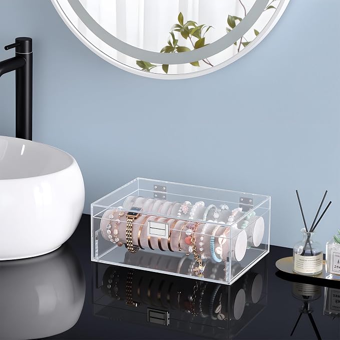 Lolalet Acrylic Bracelet Organizer Box -No Drawer | Clear Jewelry Display Holder for Bracelets, Bangles & Watches, Great Gift for Women on Birthdays， Valentine's Day