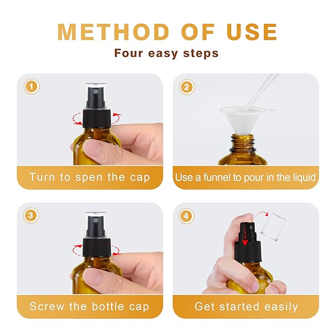 GIVAMEIHF Amber Glass Spray Bottles 4oz,Small Empty Glass Spray Bottle Fine Mist Spray Refillable Containers,Mini Travel Spray Bottles set of 4,Included 6 Sprinkler,2 Funnels,1 Droppers,8 Labels