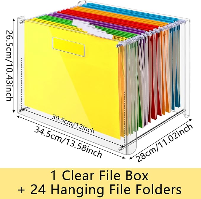 Dispowreath 24 Hanging File Folder with Acrylic Organizer for Letter/a4 Size Desktop Clear File Storage Box with Handles for Home Work Office Use(Rainbow,Classic)