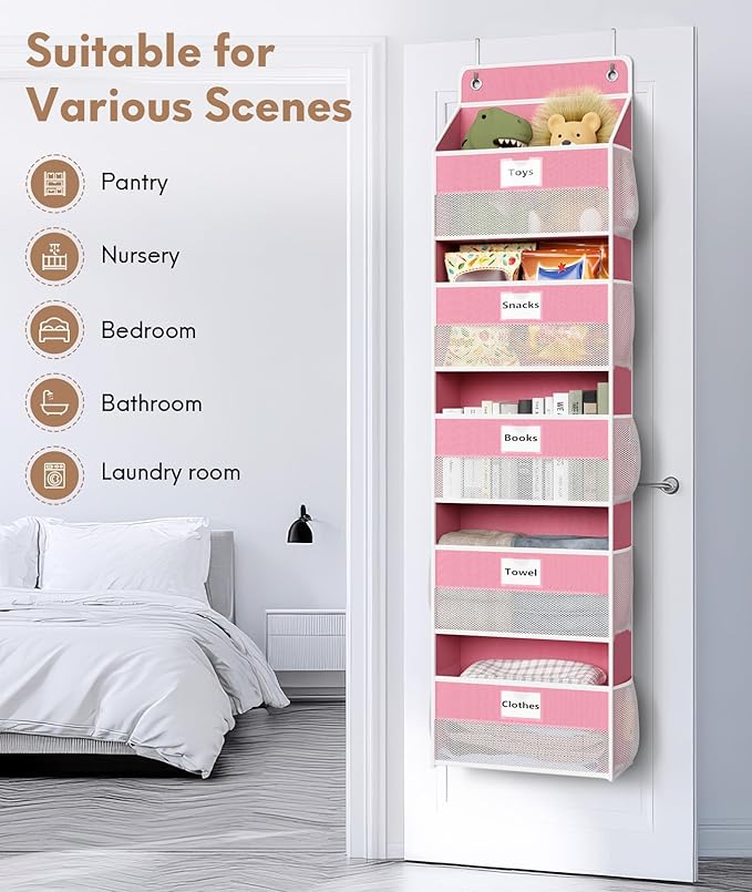 Optish Over The Door Organizer Hanging, 5 Shelf Behind The Doors Storage, Pantry Door Organizer, Closet Organizers for Bedroom and Nursery (Pink)