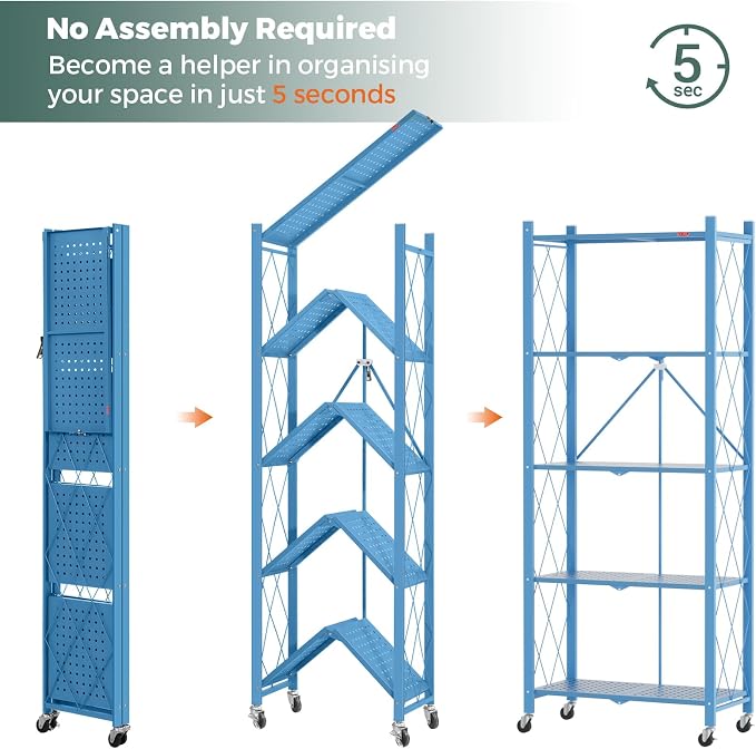 DEANIC 5-Shelf Folding Bookcase with Wheels, Heavy Duty Storage Shelves, Freestanding Metal Wire Shelving Unit for Living Room, Office, Kitchen, Basement, Pantry(Blue)
