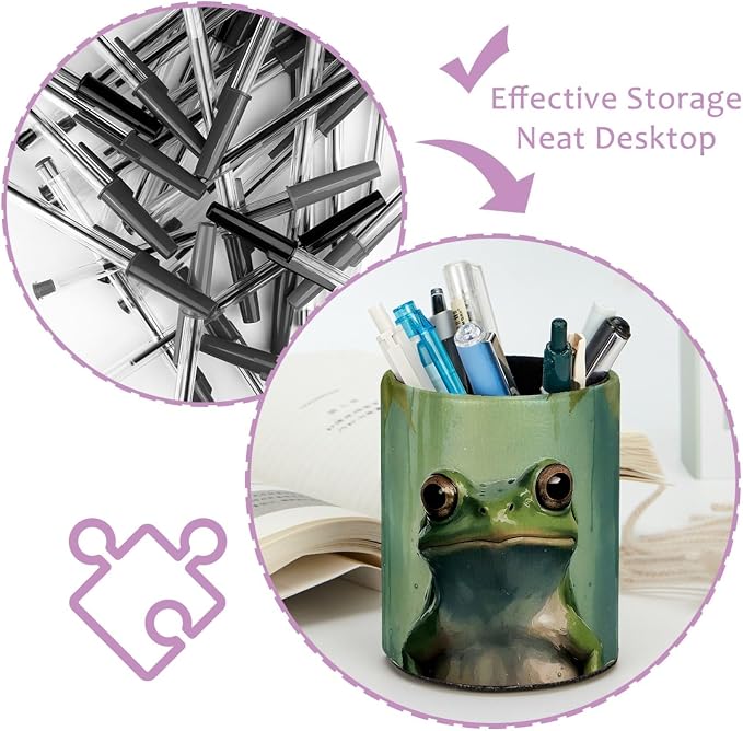 Retro Frog Pen Holder Pencil Organizer for Desk, 3.1” x 3.1” x 3.9” Pencil Cup Office Supplies, Large Capacity Cute Pen and Makeup Brush Holder for Home, School, Desktop