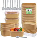 25 Pack 35oz Disposable Kraft Paper Bowls with Lids and Forks, Rectangular Meal Prep Containers, Microwave Safe for Hot/Cold Food