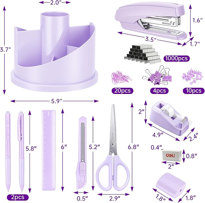deli Office Supplies Set, Purple Desk Accessory Organizer Kit, Stapler Set, Rotating Multi-Functional Pen Holder, Tape Dispenser, Pens, Binder Clips, Sharpener, Scissor, Eraser, Purple Office Supplies