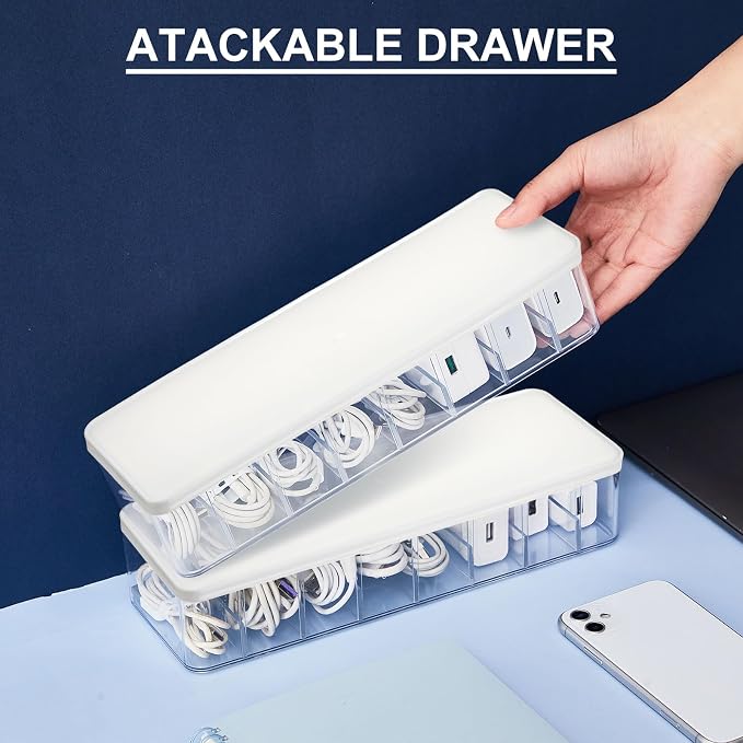Tatuo 2 Pcs Cord Organizer for Drawer Desktop, Cable Organizer Box with 8 Compartments and Wire Ties, Plastic Charger Storage with Lid, Electronics Case for Home Office Accessories (Small,Clear,White)