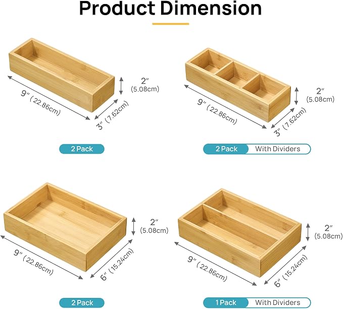 Vtopmart Bamboo Drawer Organizer Boxes - Set of 7 Multi-purpose Wooden Storage Dividers for Kitchen, Bathroom, Office, Desk, Makeup, Jewelry & More, Non-Slip Junk Drawer Organizer Trays for Storage