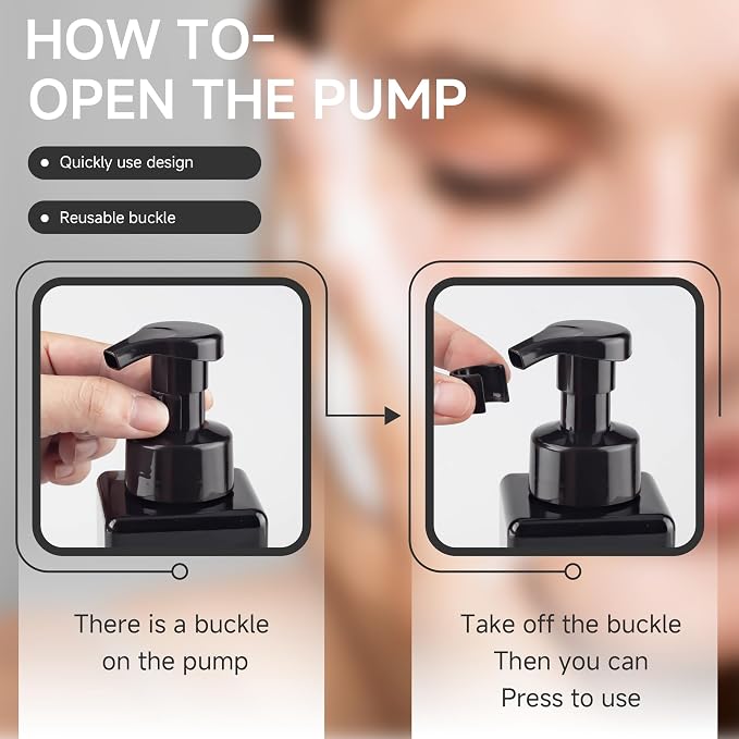 250ML Foaming Soap Dispenser, 2-Pack Plastic Hand Soap Dispenser, Refillable Leakproof Foam Pump Bottle with Waterproof Labels, for Shampoo, Body Wash