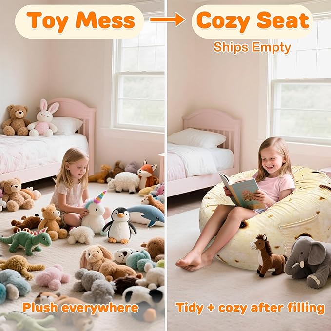 Lukeight Burrito Stuffed Animals Storage Bean Bag Chair Cover Only (Ships Empty, No Filling) - Velvet YKK Zipper Beanbag Cover for Kids Big kids, Washable Plush Toy Organizer, X-Large 30" D x 18" H