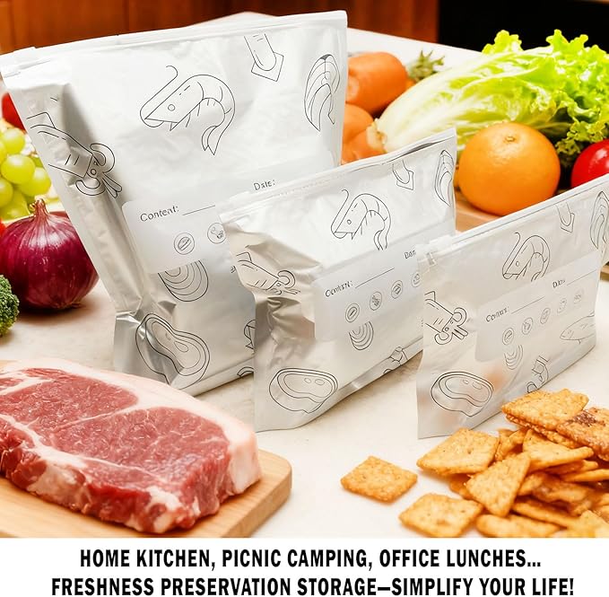 Aluminum Foil Food Storage Bags, Reusable Freezer Bags for Refrigerator, Stand Up Airtight Vacuum Sealer Bags, Heavy Duty Smell Proof Lock Freshness, Perfect for Meat, Vegetables (30, 3 SIZE / 30 PCS)