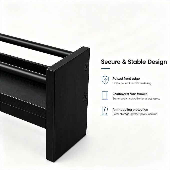 Ekisemio 32.5" Wooden Spice Rack Shelf for Kitchen Stove, Black | Solid wood top | Steel side tubes | 50 lb capacity | Raised front edge | Easy assemble | Wipe clean