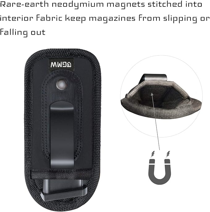 GMW Universal Magnetic IWB/OWB Magazine Holster [2-Pack] | Magazine Pouch for 9mm 1911 .380 .40 .45 Glock 17 19 43 M&P S&W | Pistol Mag Pouch for Single/Double Stack Handgun Magazines and Ammunition