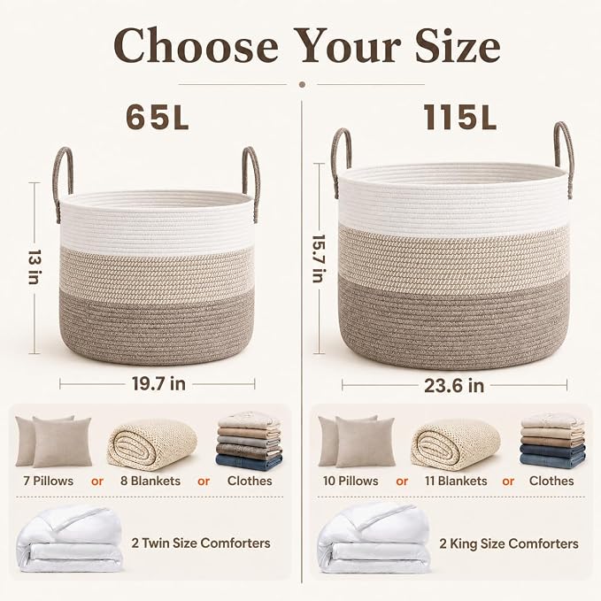 JMvicyroam 115L Extra Large Machine Washable Cotton Rope Blanket Basket | Collapsible laundry hamper, Reinforced handles, For blankets,pillows,toys and clothes, Living room and bedroom,White&BrownMix