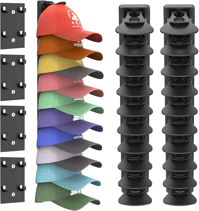 Hat Organizer for Baseball Caps 2 Pack, Adhesive Hat Rack for Wall Hold Up to 40 hats,With 4 Fixed Glue(Black-2 Pack+4 Fixed Glue)