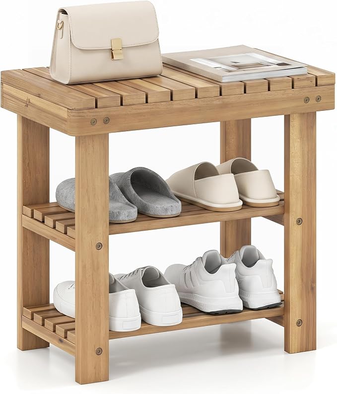 GOFLAME Wooden Shoe Rack Bench, 3-Tier Free Standing Entryway Bench Seat with Slatted Shelves, Shoe Storage Organizer for Entryway, Hallway, Bedroom, Living Room, Small Space, 19"x11"x18"
