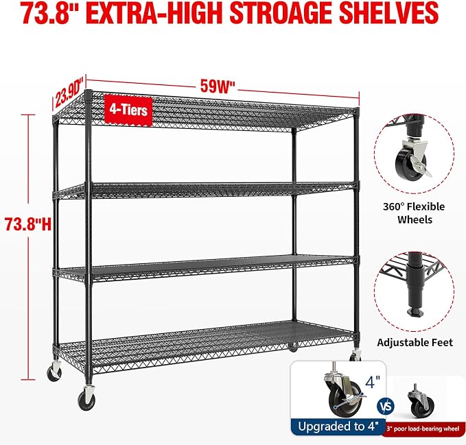 4-Tiers Storage Shelves 73" H Heavy Duty Metal Shelving with Wheels, 2640LBS Load Wire Shelving Rack Garage Shelves for Pantry Kitchen Industrial Warehouse Office, 59" W x 23.9" D