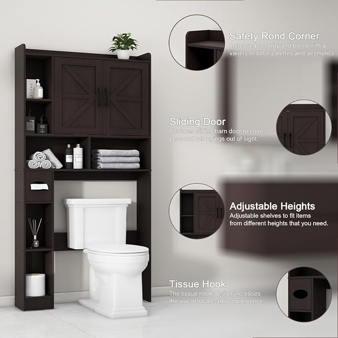 Vabches Over The Toilet Storage Cabinet with 2 Barn Doors, Espresso | Farmhouse Storage Cabinet with Toilet Paper Holder Stand，Home Space-Saving Toilet Rack, for Bathroom, Restroom, Laundry