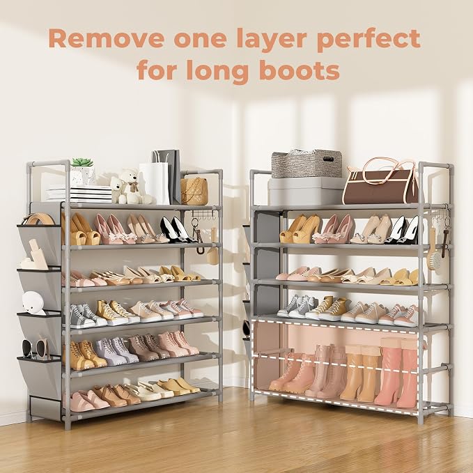 LANTEFUL 6 Tier Shoe Rack Storage for 24-30 Pairs Shoe and Boot, Shoe Organizer with Hook and Side Pocket Free Standing Long Shoe Shelf Tall Shoe Rack Organizer for Closet, Entryway, Dorm, Grey