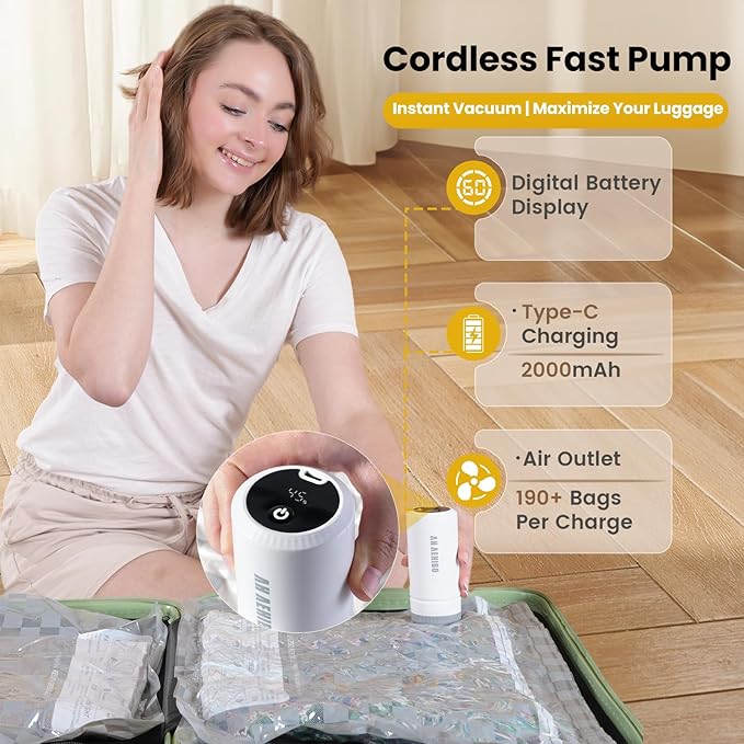 12 Pack Vacuum Storage Bags for Travel with Digital Display Air Pump,Carry-on Packing Bags for Luggage and Suitcase,Space Saver for Clothes