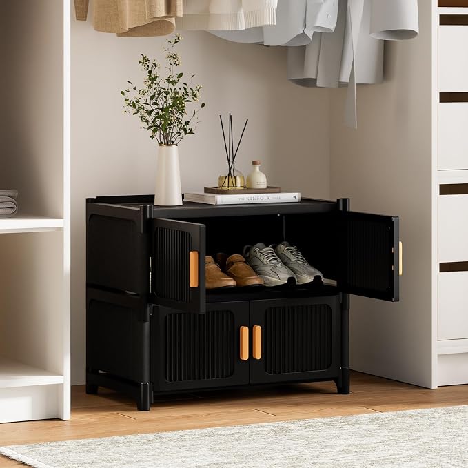 Shoe Rack, 3 Tier Shoe Storage Cabinet with 2 Doors, 9 Pair Plastic Shoe Cabinet with Waterproof, Outdoor Shoe Shelves Organizer for Entryway, Bedroom, Hallway,Living Room, Black