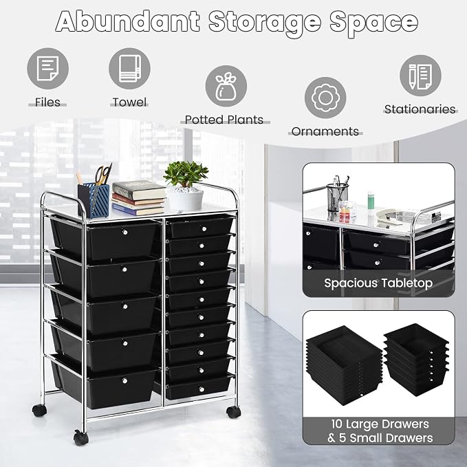 DREAMADE Rolling Cart with 15 Drawers, Clear Plastic Drawer Organizer w/Lockable Wheels, Removable & 2-Sized Storage Drawers, Art Cart for School Home Art Supplies Crafts File Scrapbook (Black)