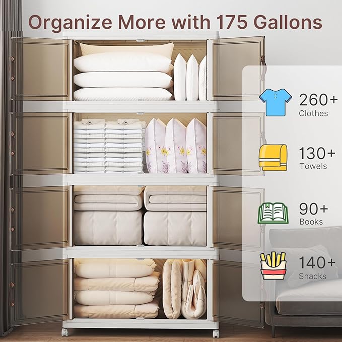 UAMFURI Stackable Storage Bins with Lids, 720QT Closet Organizers and Storage with Doors and Wheels, Extra Large Storage Cabinet, Collapsible Plastic Drawers for Bedroom Dorm Office Garage