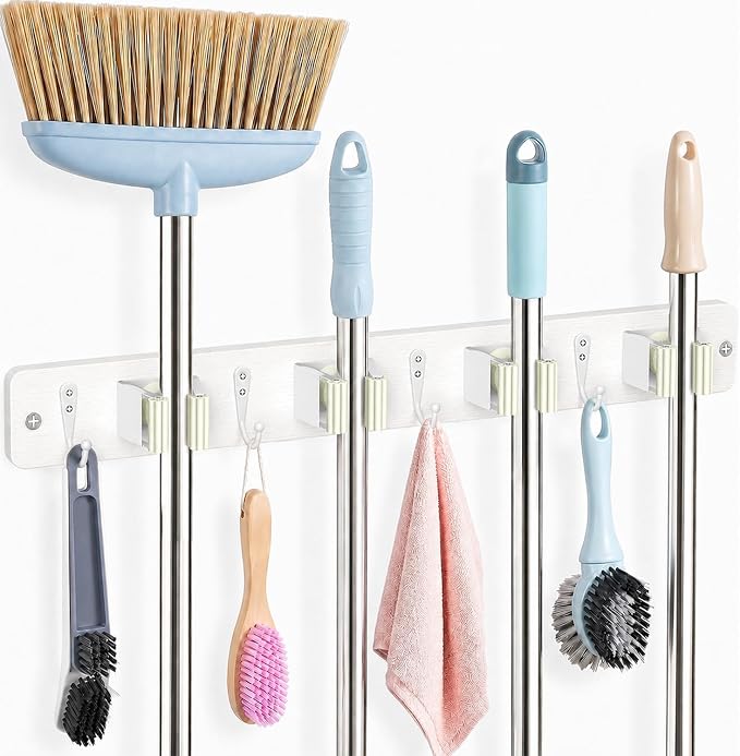 AceMining White Broom Holder Wall Mount, 4 Holders 4 Hooks Mop Holder | Mop Holder Wall Mount and Broom Hanger for Garage, Laundry Room, Kitchen and Utility Storage