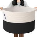 65L Large Blanket Basket,Woven Rope Laundry Basket Hamper with Handles,Decorative Nursery Basket Storage Bin for Toys, Pillows , Clothes Organizer, Living Room, Bedroom, Bathroom, White&Black
