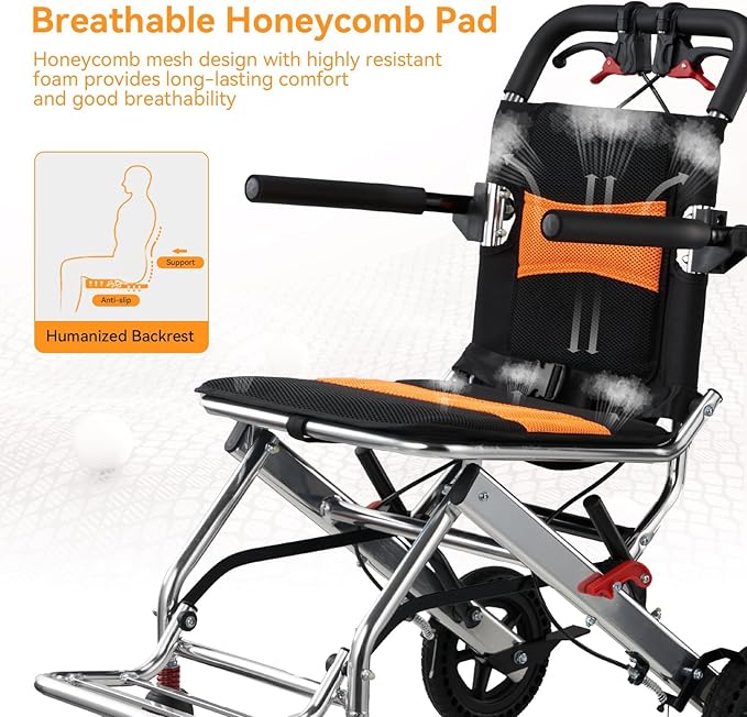 Ultra-Lightweight 19lbs Foldable Transport Wheelchair for Seniors - Portable Aluminum Travel Wheelchair with Carrying Bag, Supports 220lbs Capacity