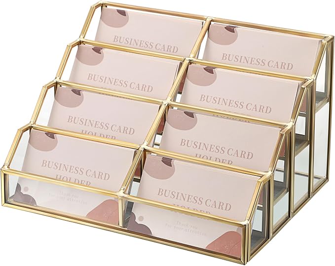 Hipiwe Mirrored Glass Business Card Holder Gold Business Card Display Stand for Desk Multiple Clear Business Card Holder Display for Office Desktop Cards Display Stand for Women Men, 8 Slots