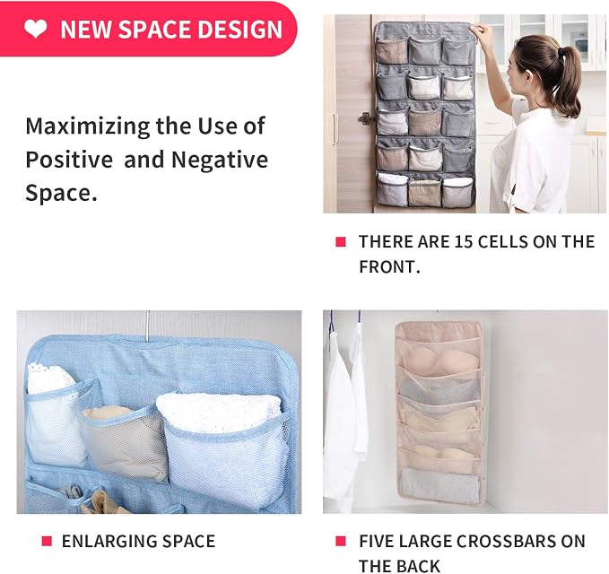 Bseash Enlarged Closet Hanging Bra Organizer with Rotating Metal Hanger, Dual Sided Wall Shelf Wardrobe Mesh Pockets Hanging Storage Bag for Bra Socks Underwear Underpants
