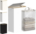 efluky Slim Laundry Basket with Lid, Narrow Laundry Hamper with Removable Bag, Skinny Dirty Clothes Basket with Bamboo Handles for Bathroom, Bedroom & Laundry Room, 75L White