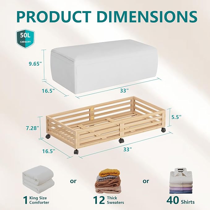 Wisuce 2 Packs Bamboo Under Bed Storage Organizer with Wheels Nature Large | 360° Lockable Wheels,120lbs Load Capacity, Multi-scene ,Dustproof Clear Storage Bag, Large Capacity,Easy Quick Assembly
