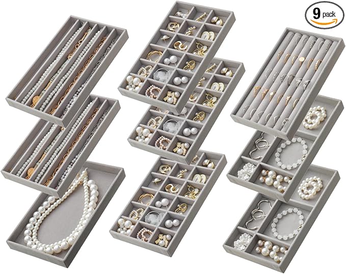 SPAKOWN Jewelry Drawer Organizer Inserts Set of 9, Velvet Jewelry Trays for Drawers, Storage for Earring, Ring, Necklace, Watch, Bracelet (Grey)