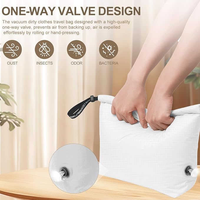 Travel Laundry Bag, Pump Free Vacuum Compression Dirty Clothes Bag Reusable Wet Dry Bags Large Capacity Space Saver Bags Camp Washable Clothes Organizer for Sports Dorm Laundromat (1 Pcs) (White, L)