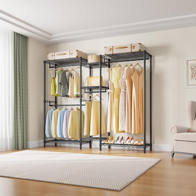 VIPEK Classic V6 Medium Heavy Duty Clothes Rack, 7-Tier Garment Rack with Adjustable Shelves, Portable Closet with 4 Hanging Rods, Space-Saving, 750lbs Capacity, 59.8" L x 14.6" W x 76.4" H, Black