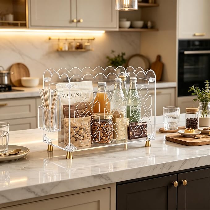 Clear Acrylic Magazine Holder with Handle and Detachable Pen Holder | Wave-Edge Floor Magazine Rack with Replaceable Anti-Slip Gold Feet for Home, Office, Bathroom, or Living Room Storage